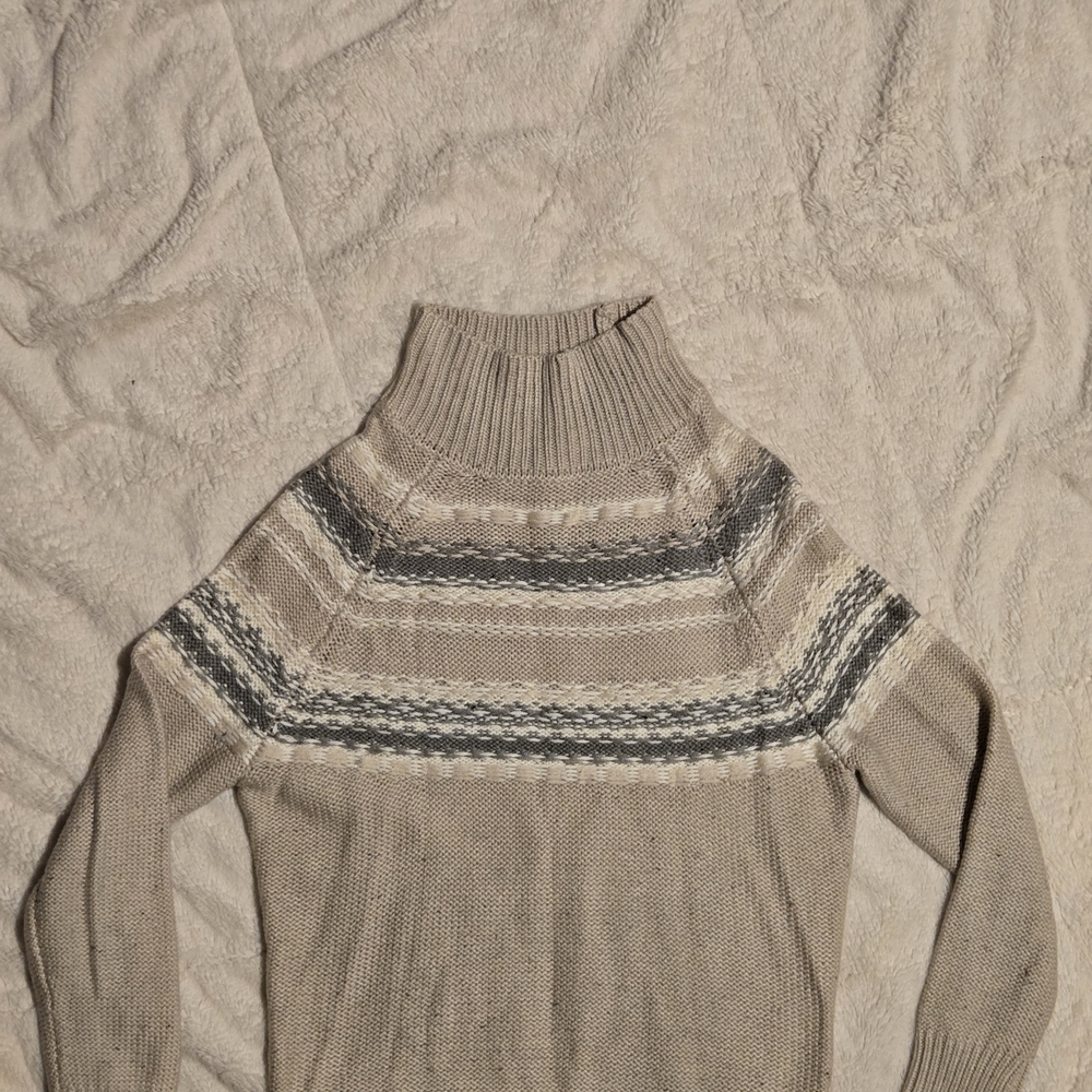 Beige and Gray Striped Turtleneck Sweater